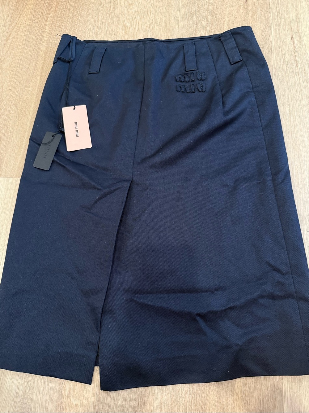 Miu Miu Dark Navy Front-Slit Logo Skirt